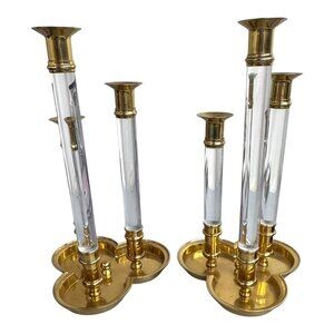 Ethan Allen 2 Vintage Lucite Brass Graduated Candle Holder Pair MCM Modernist